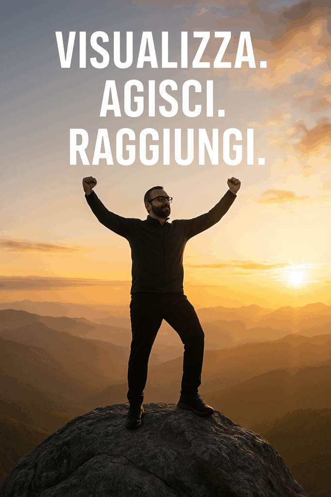 Come raggiungere obiettivi con un mental coach: Visualizza, Agisci, Raggiungi - uomo in vetta al tramonto con braccia alzate in segno di successo"