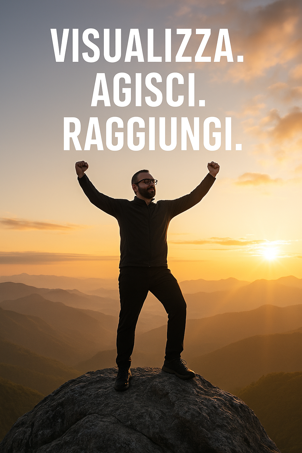 Come raggiungere obiettivi con un mental coach: Visualizza, Agisci, Raggiungi - uomo in vetta al tramonto con braccia alzate in segno di successo"