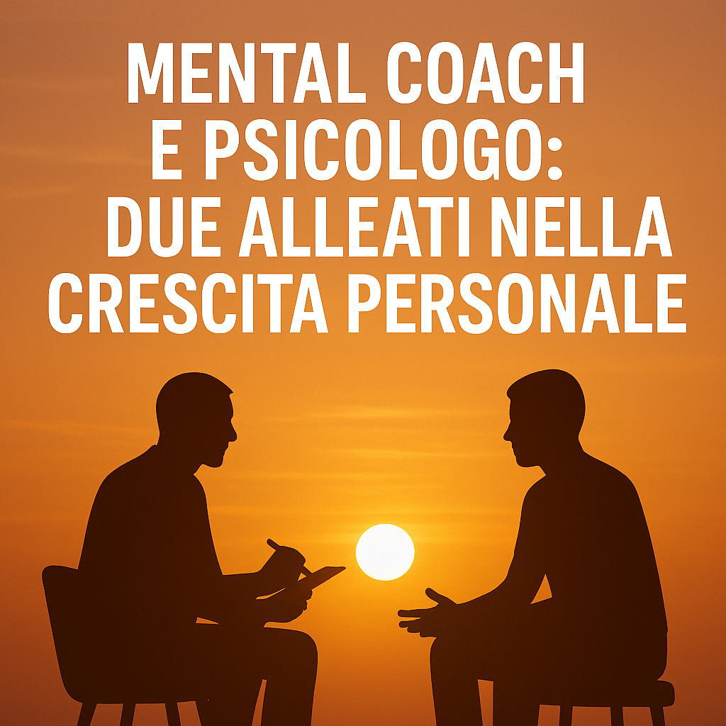 Due persone, un mental coach e un cliente, seduti al tramonto in conversazione, simbolo di alleanza nella crescita personale.
