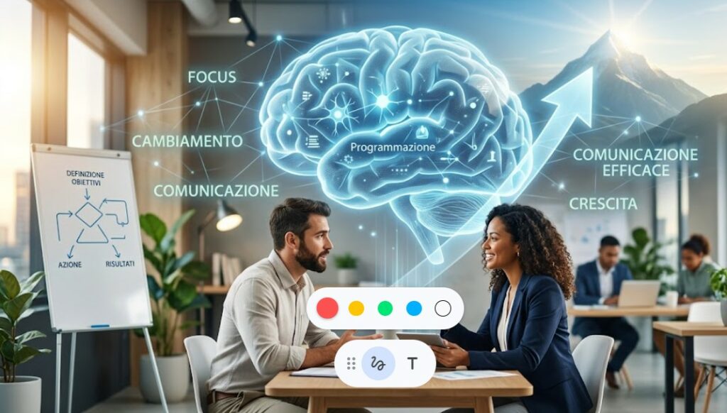 Rappresentazione concettuale di PNL e coaching per il raggiungimento di obiettivi personali e professionali
